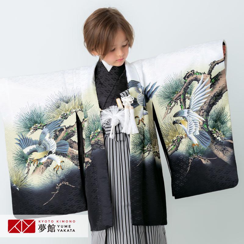 七五三 着物 レンタル 753 5歳 男の子 白×黒 鷹に松×黒縞 端午の節句