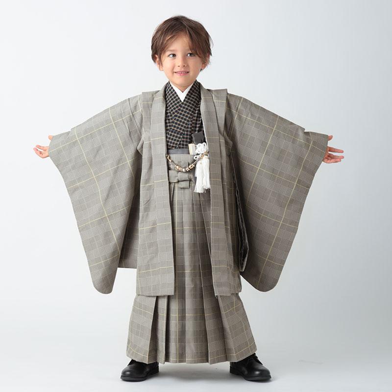 七五三 着物 レンタル 753 5歳 男の子 グレージュ グレンチェック×濃紺