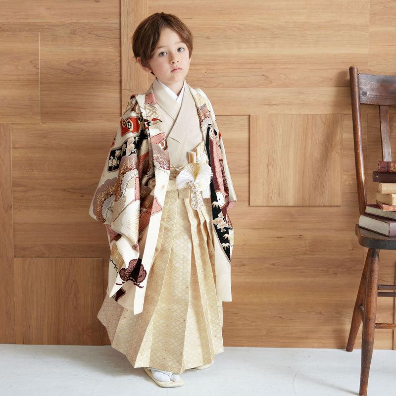 5歳男の子　七五三　ベージュ 着物 七五三(五歳男の子)着物レンタル｜ベージュ色羽織 わたげ柄着物×茶色袴