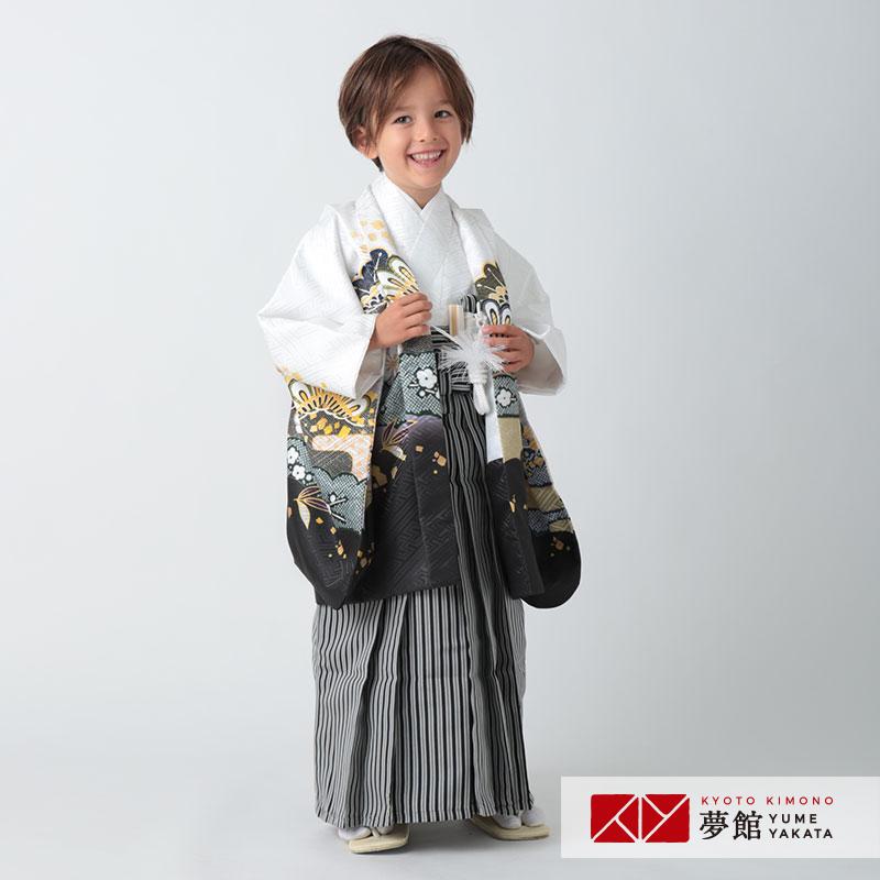 七五三 着物 レンタル 753 5歳 男の子 白 松に菊×黒縞 端午の節句