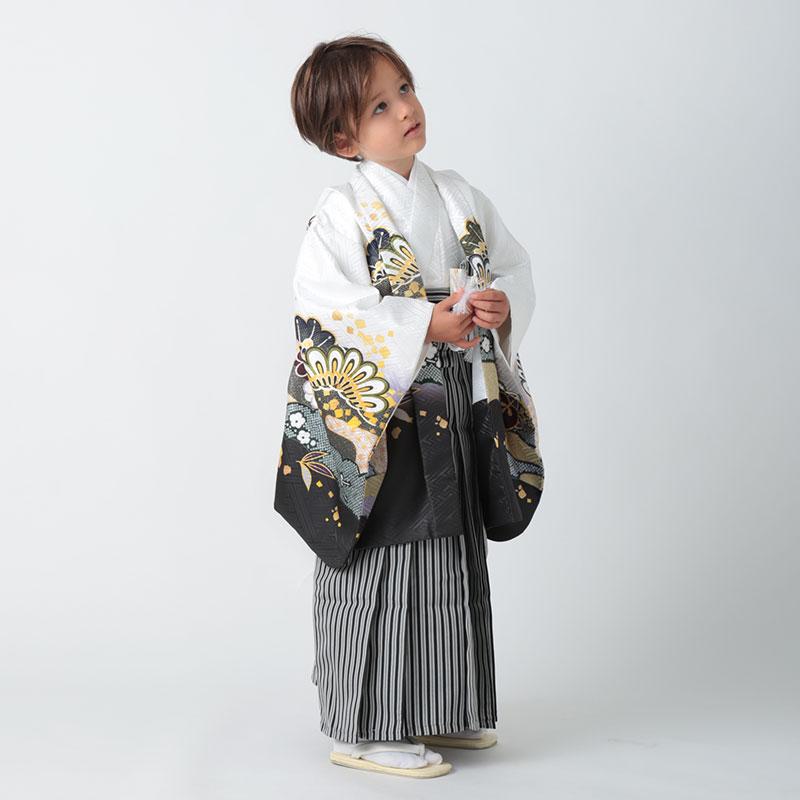 七五三 着物 レンタル 753 5歳 男の子 白 松に菊×黒縞 端午の節句