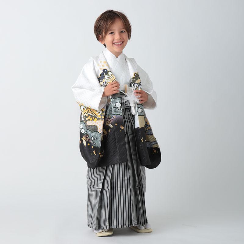 七五三 着物 レンタル 753 5歳 男の子 白 松に菊×黒縞 端午の節句