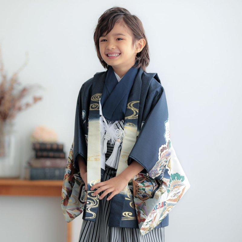 753 七五三 着物 レンタル 5歳 男の子 鉄紺兜×黒縞 端午の節句