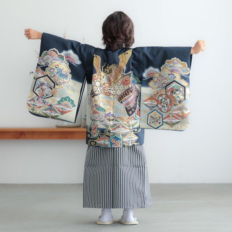 七五三 着物 レンタル 753 5歳 男の子 鉄紺兜×黒縞 端午の節句