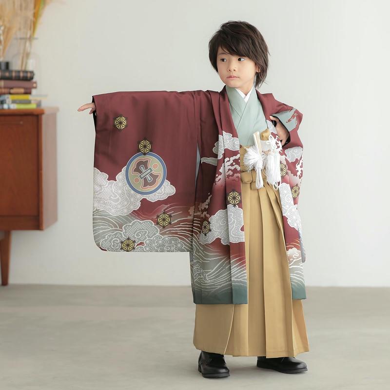 七五三 着物 レンタル 753 5歳 男の子 エンジ 円相に龍xベージュ