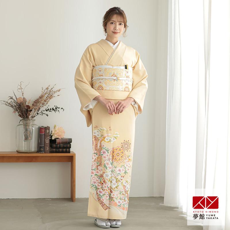 色留袖 レンタル 袷 クリーム 華紋に鶴と蔓帯 対応身長155〜164cm 結婚