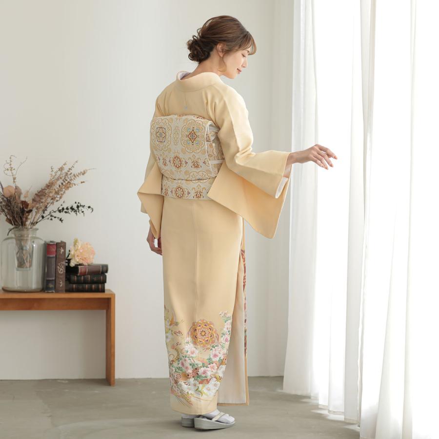 色留袖　一つ紋　袷　ひろ衿　黄色よりのクリーム色 訪問着フルセット 色留袖 レンタル 袷 クリーム 華紋に鶴と蔓帯 対応身長155〜164cm 結婚