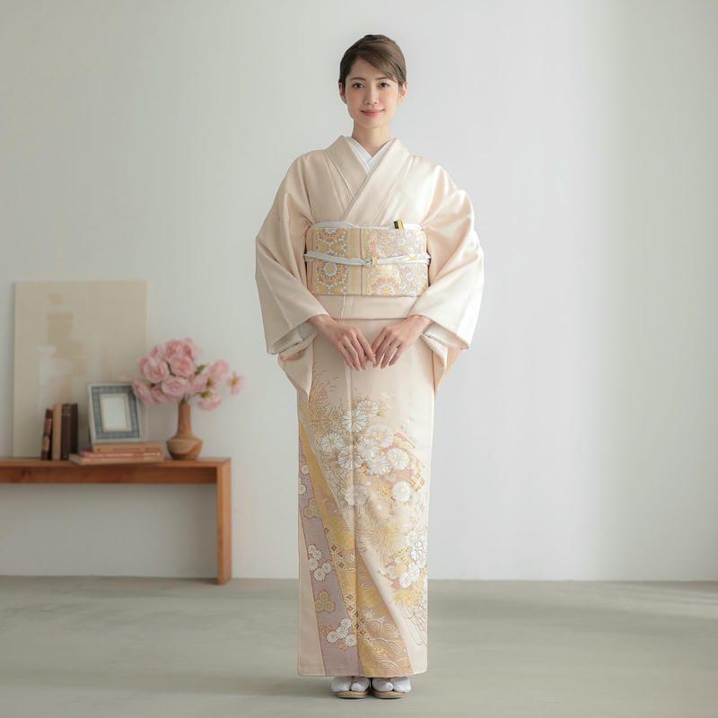 T-351 色留袖 京友禅 松竹梅 鶴 袷 ぼかし ベージュ 一つ紋 美品 YUMI KATSURA（ユミカツラ） 色留袖 レンタル 袷 桂由美 ピンク