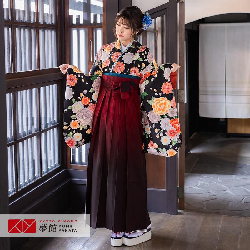 卒業式 袴 セット レンタル 大学 大人 レディース黒・オレンジ牡丹（L