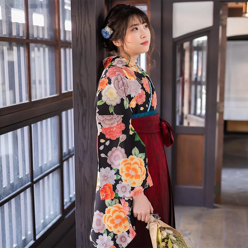 卒業式 袴 セット レンタル 大学 大人 レディース 黒・オレンジ牡丹（L