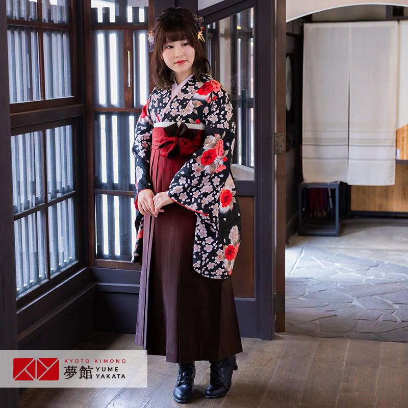 H.L - 卒式 袴 仕掛ける 賃借 最高学府 成年者 レディース  アシュエル黒しだれ桜＆八重桜(宅) うしろ帯 二尺袖 貸お召しもの  往復貨物輸送無料 レディースファッション-レンタル-着物、浴衣