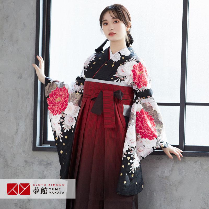袴レンタル 卒業式 袴セット 大学生 ジャパンスタイル 黒松牡丹に八重桜 謝恩会 女の子 二尺袖 貸衣装 G530