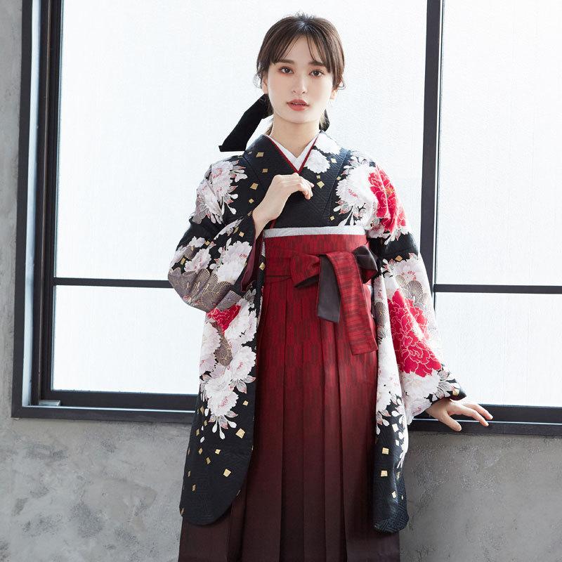 袴レンタル 卒業式 袴セット 大学生 ジャパンスタイル 黒松牡丹に八重桜 謝恩会 女の子 二尺袖 貸衣装 G530 ジャパンスタイル 卒業式 大学生 謝恩会