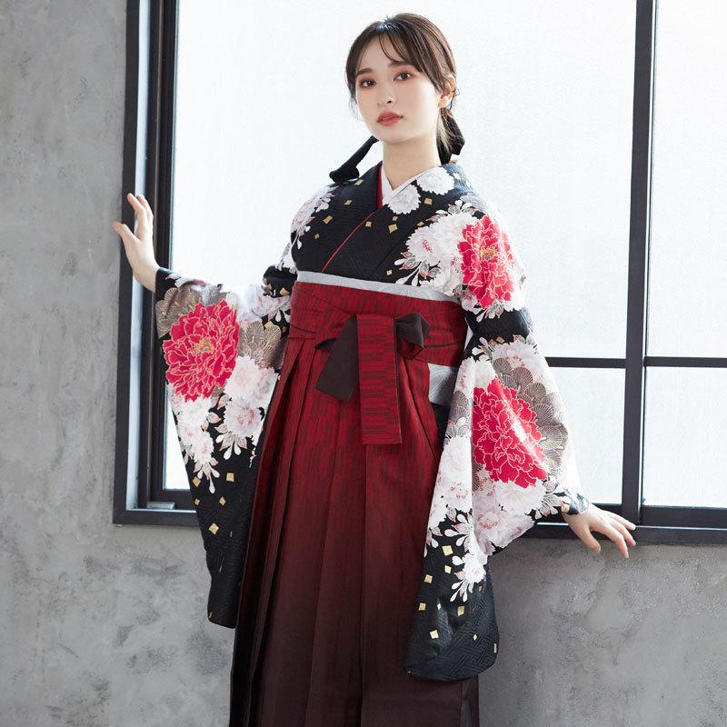 袴レンタル 卒業式 袴セット 大学生 ジャパンスタイル 黒松牡丹に八重桜 謝恩会 女の子 二尺袖 貸衣装 G530 ジャパンスタイル 卒業式 大学生 謝恩会