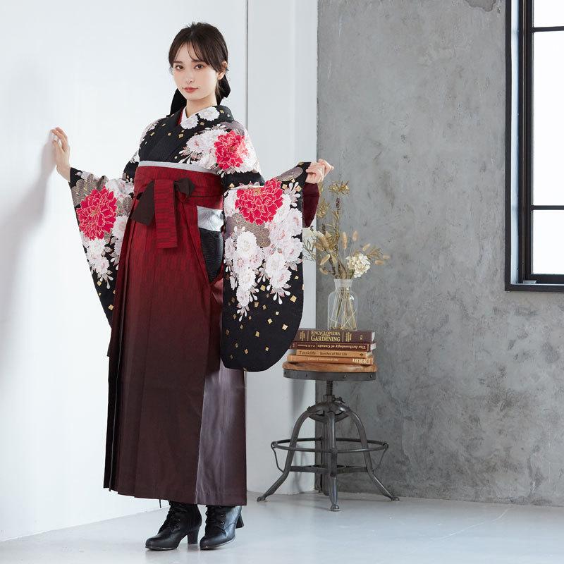 袴レンタル 卒業式 袴セット 大学生 ジャパンスタイル 黒松牡丹に八重桜 謝恩会 女の子 二尺袖 貸衣装 G530 ジャパンスタイル 卒業式 大学生 謝恩会