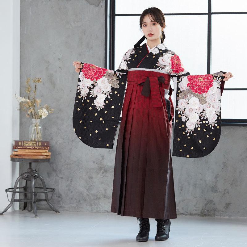 袴レンタル 卒業式 袴セット 大学生 ジャパンスタイル 黒松牡丹に八重桜 謝恩会 女の子 二尺袖 貸衣装 G530 ジャパンスタイル 卒業式 大学生 謝恩会