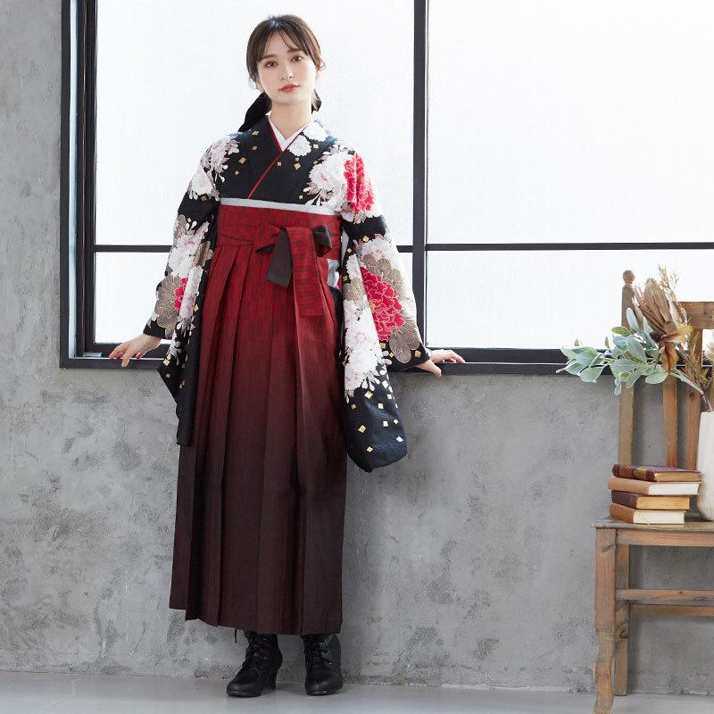 袴レンタル 卒業式 袴セット 大学生 ジャパンスタイル 黒松牡丹に八重桜 謝恩会 女の子 二尺袖 貸衣装 G530 ジャパンスタイル 卒業式 大学生 謝恩会