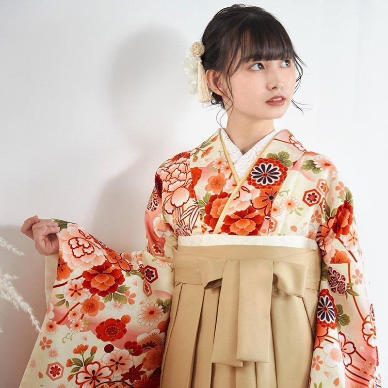 袴レンタル 卒業式 袴セット 大学生 クリーム雪輪花くす玉(A042)(G870) 謝恩会 女の子 二尺袖 貸衣装 G642 卒業式 大学生 謝恩会