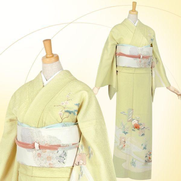 訪問着 レンタル 入学式 卒業式 結婚式 単衣 着用時期6月・9月 薄緑 流水に短冊 七五三 身長143〜163cm H040_1