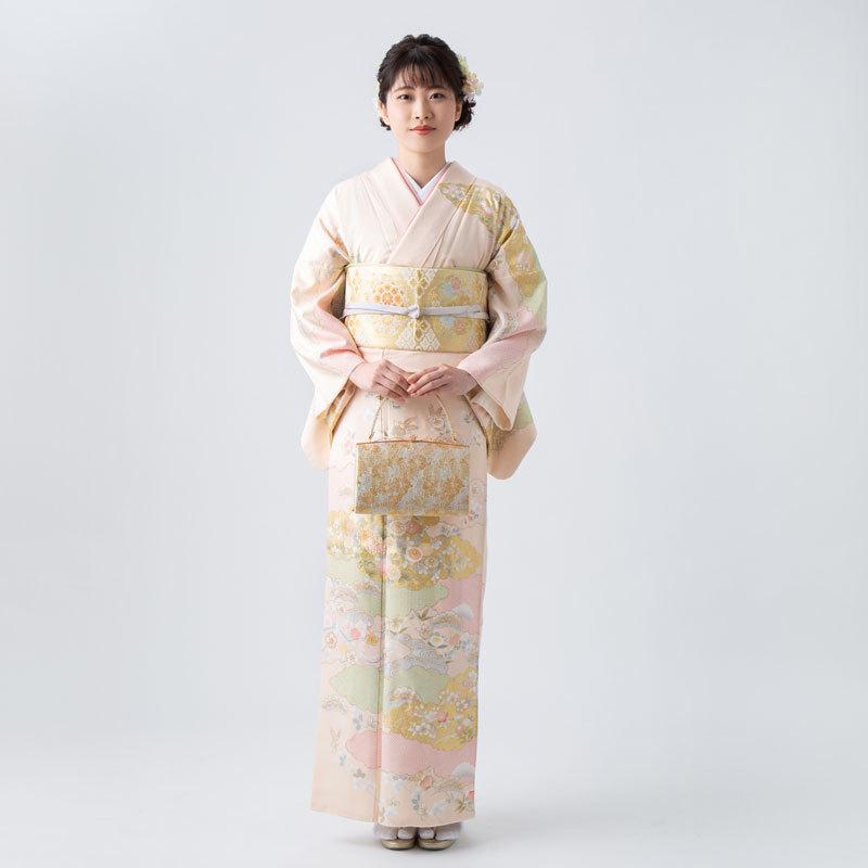 訪問着 レンタル 入学式 卒業式 結婚式 袷 クリーム 雲取りに四季花 七五三 身長155〜159cm H1183_1
