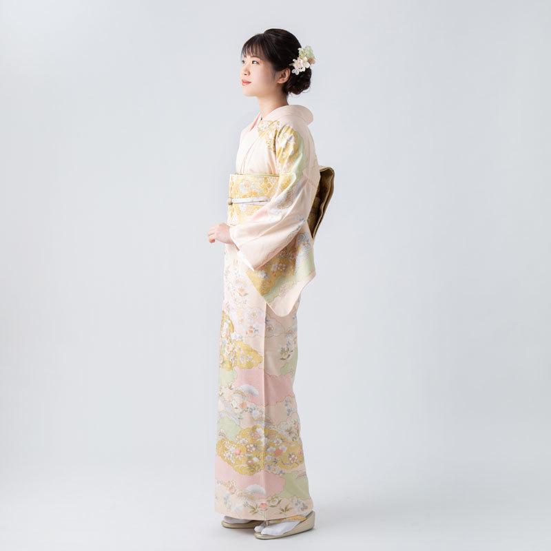 訪問着 レンタル 入学式 卒業式 結婚式 袷 クリーム 雲取りに四季花 七五三 身長155〜159cm H1183_3