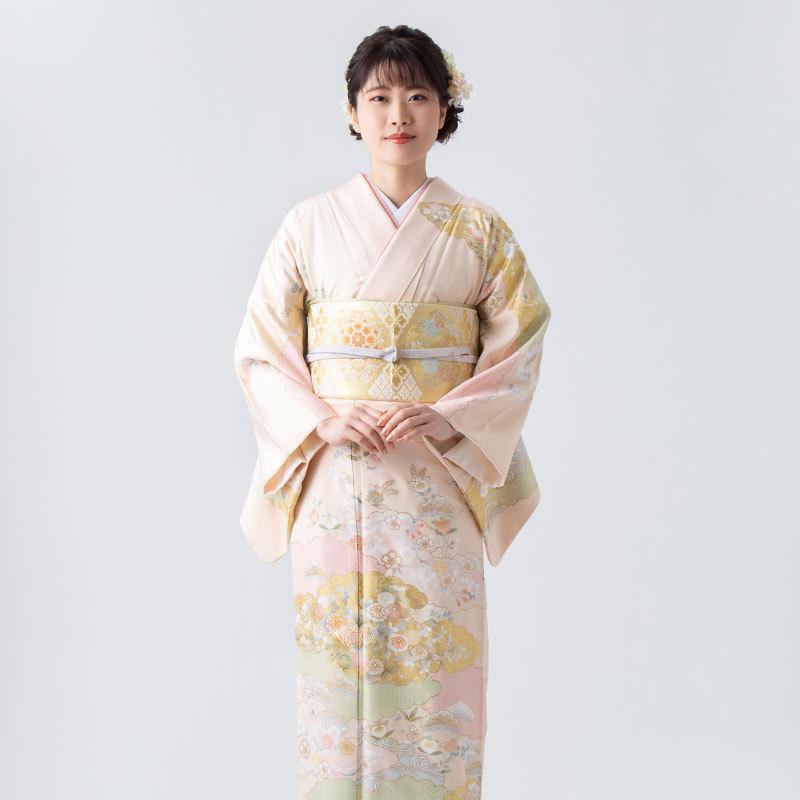 訪問着 レンタル 入学式 卒業式 結婚式 袷 クリーム 雲取りに四季花 七五三 身長155〜159cm H1183_5