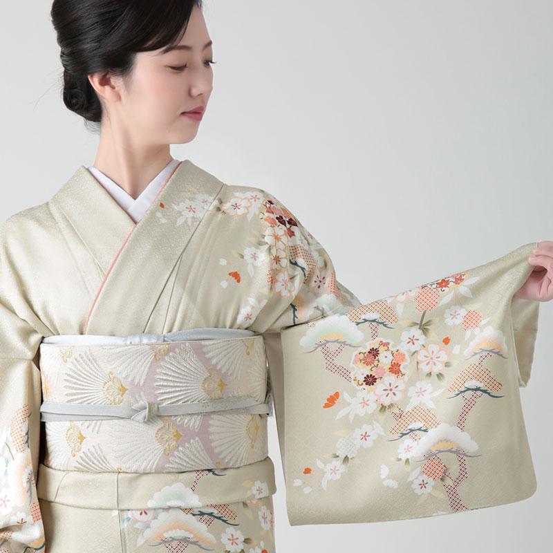 訪問着　フルセット　友禅　雪輪露芝　橘　藤　絞り　入学式　卒業式　Q2 訪問着 レンタル 入学式 卒業式 結婚式 袷 グレージュ 雪輪取り 桜に松