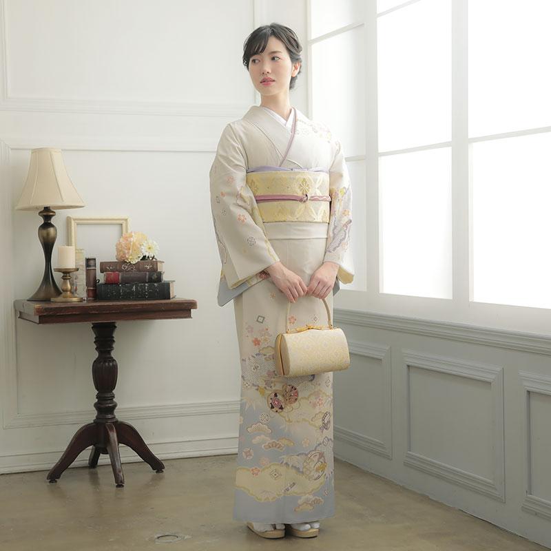内と良 上品 シルバーグレー 雲取り 宝尽くし 訪問着 身幅広め 訪問着 レンタル 入学式 卒業式 結婚式 ジャパンスタイル ブランド着物