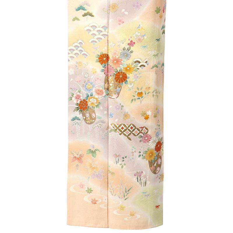 訪問着 レンタル 入学式 卒業式 結婚式 袷 薄サーモンピンク×クリーム 霞に花籠 七五三 身長155〜159cm H1284_4