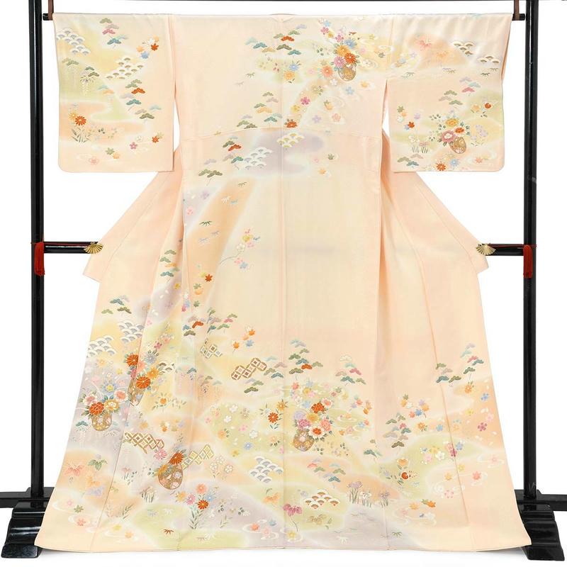 訪問着 レンタル 入学式 卒業式 結婚式 袷 薄サーモンピンク×クリーム 霞に花籠 七五三 身長155〜159cm H1284_5