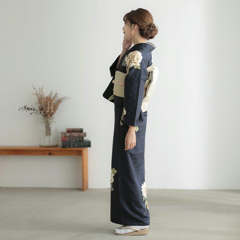 訪問着 レンタル 入学式 卒業式 結婚式 袷 紺 牡丹に笹 七五三