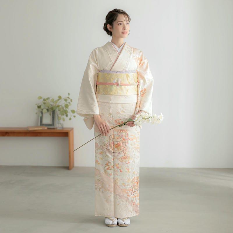 訪問着 レンタル 入学式 卒業式 結婚式 袷 クリーム 貝桶に雪輪取り 七五三 身長154〜165cm H1341_8