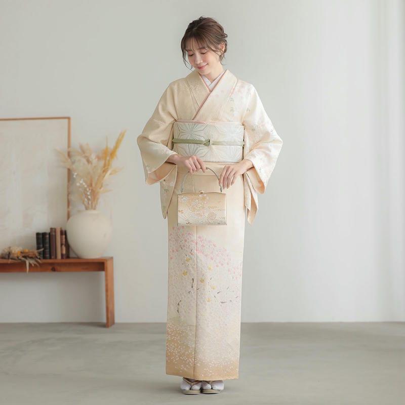 未着用　安部桂雪　訪問着　友禅染　風景模様　松竹梅　桜　流水　着物　041a d 訪問着：H1044 桂由美 水色 金通し辻が花風 疋田滝文に花| 訪問