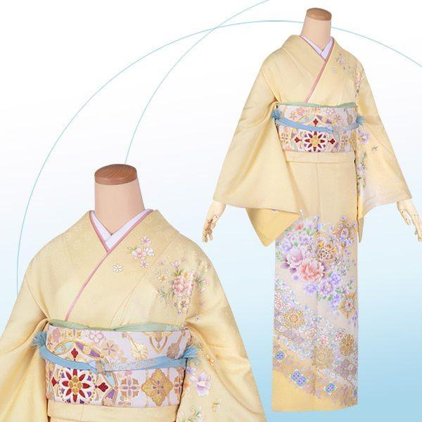 訪問着 レンタル 入学式 卒業式 結婚式 袷 黄色 花と華紋 七五三 身長165〜173cm H613の画像