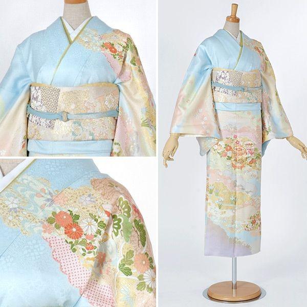 訪問着 レンタル 入学式 卒業式 結婚式 袷 水色 雲取りに貝桶文様(w) 七五三 身長150〜160cm H647の画像