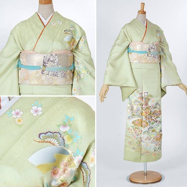 訪問着 レンタル 入学式 卒業式 結婚式 袷 黄緑 束ね熨斗扇面に草花(特) 七五三 身長160〜168cm H650の画像