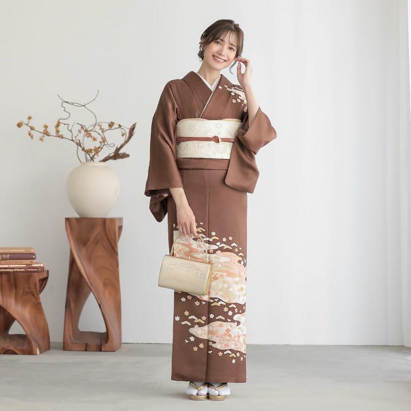 訪問着 レンタル 入学式 卒業式 結婚式 袷 栗梅茶 京友禅作家 藤井寛 霞取り草花 七五三 身長155〜159cm H819の画像