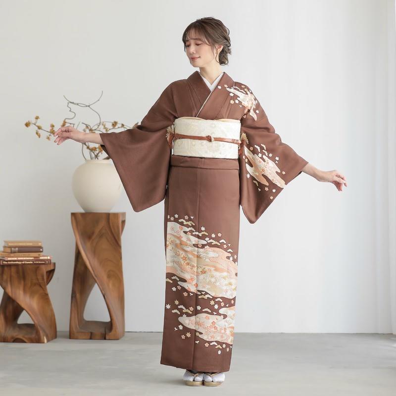 訪問着 レンタル 入学式 卒業式 結婚式 袷 栗梅茶 京友禅作家 藤井寛 霞取り草花 七五三 身長155〜159cm H819の画像