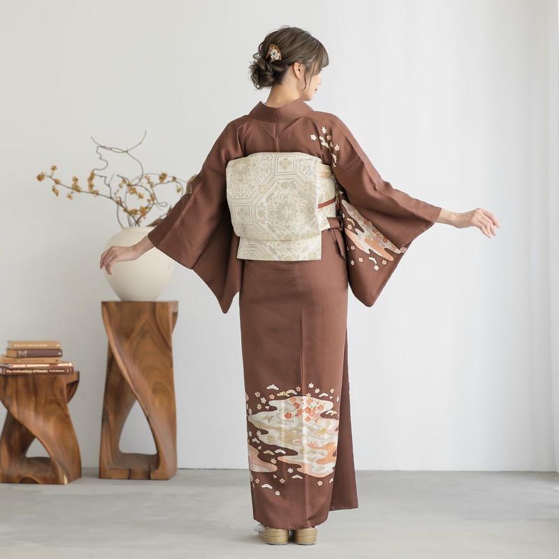 訪問着 レンタル 入学式 卒業式 結婚式 袷 栗梅茶 京友禅作家 藤井寛 霞取り草花 七五三 身長155〜159cm H819の画像