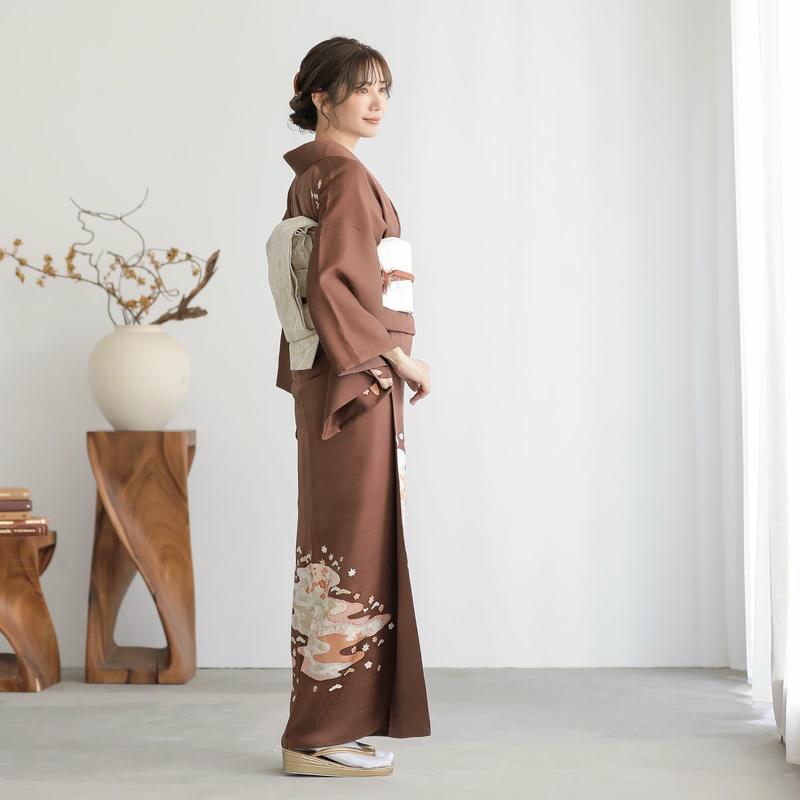 訪問着 レンタル 入学式 卒業式 結婚式 袷 栗梅茶 京友禅作家 藤井寛 霞取り草花 七五三 身長155〜159cm H819の画像