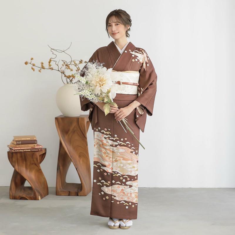 訪問着 レンタル 入学式 卒業式 結婚式 袷 栗梅茶 京友禅作家 藤井寛 霞取り草花 七五三 身長155〜159cm H819の画像