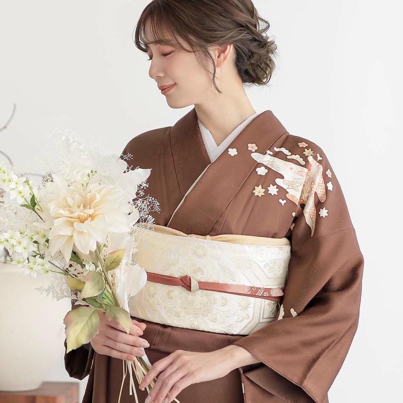 訪問着 レンタル 入学式 卒業式 結婚式 袷 栗梅茶 京友禅作家 藤井寛 霞取り草花 七五三 身長155〜159cm H819の画像