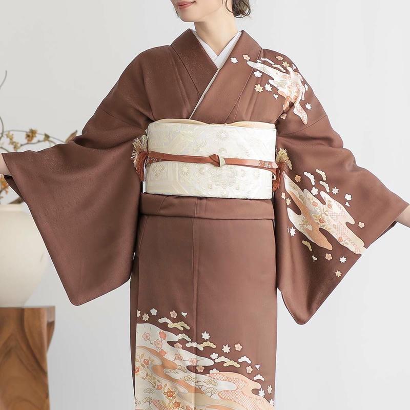訪問着 レンタル 入学式 卒業式 結婚式 袷 栗梅茶 京友禅作家 藤井寛 霞取り草花 七五三 身長155〜159cm H819の画像