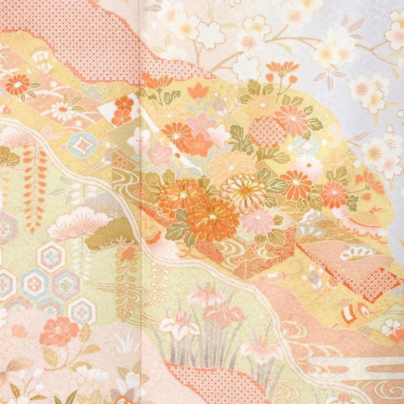訪問着 レンタル 入学式 卒業式 結婚式 袷 ピンクベージュ 雲取りに文箱 七五三 身長154〜165cm H883の画像
