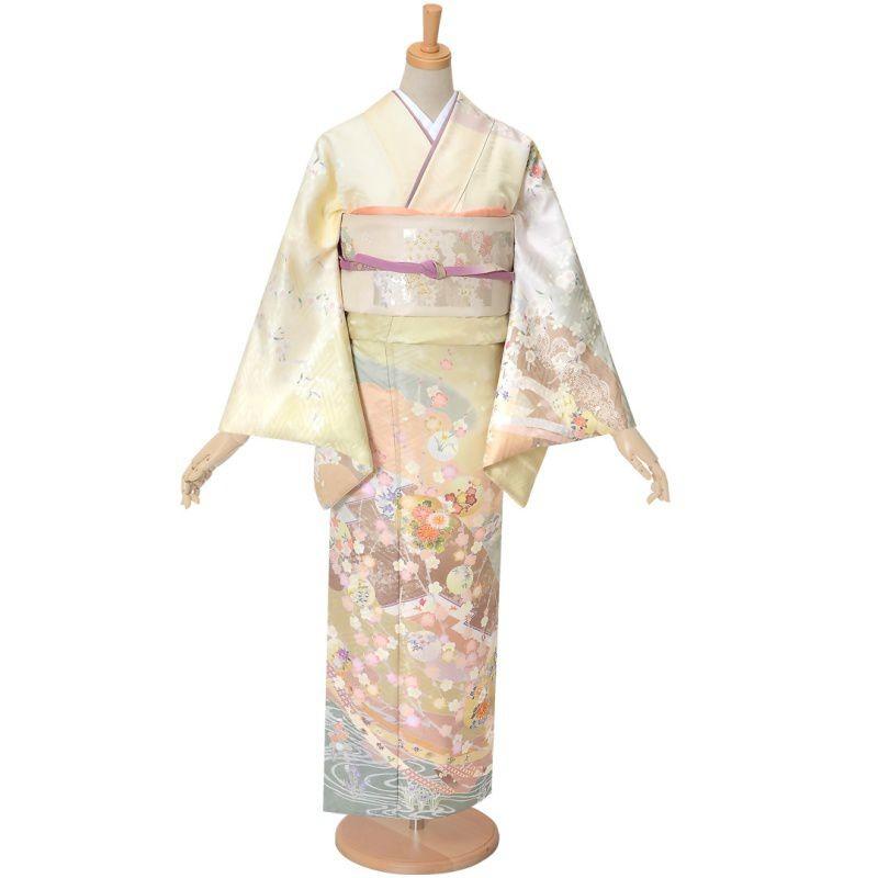 訪問着 レンタル 入学式 卒業式 結婚式 袷 薄黄色 熨斗と梅桜 七五三 身長154〜165cm H886の画像