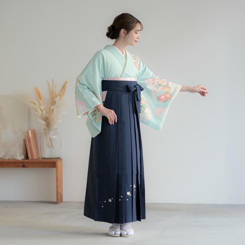卒業式 袴レンタル 先生 教員 訪問着袴 フルセット 上品 ジャパンスタイル 水色　ピンクぼかし花丸(H993) HG1005_4