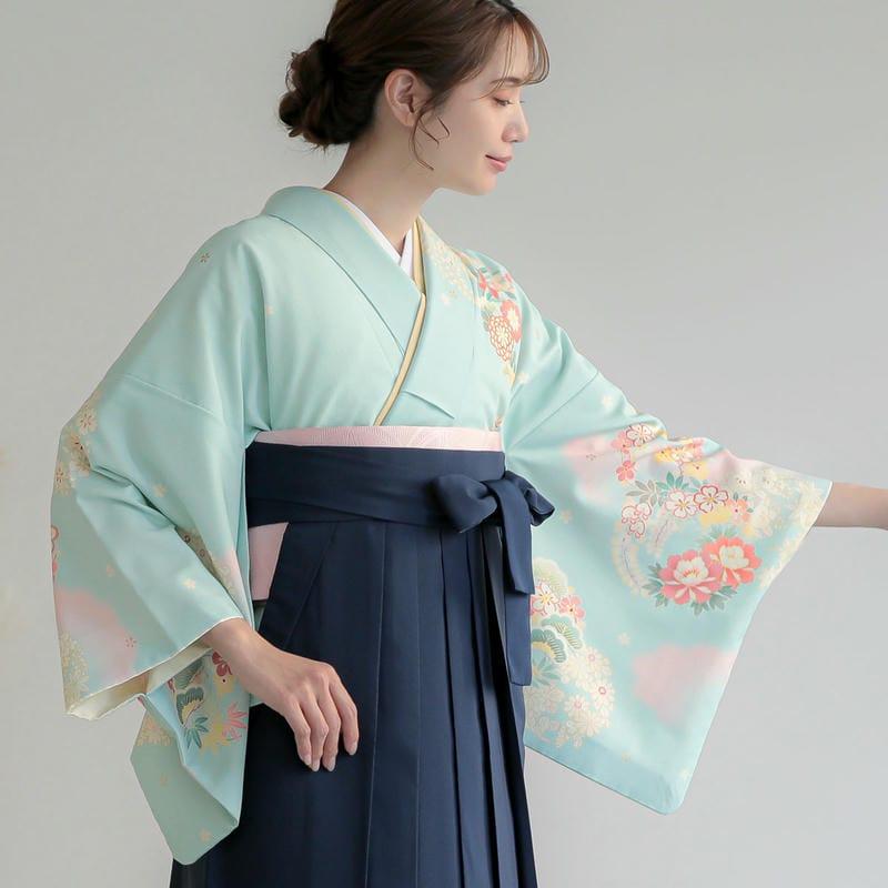 卒業式 袴レンタル 先生 教員 訪問着袴 フルセット 上品 ジャパンスタイル 水色　ピンクぼかし花丸(H993) HG1005_5