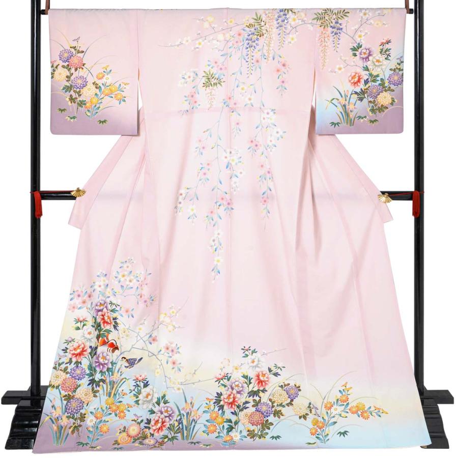 卒業式 袴レンタル 先生 教員 訪問着袴 フルセット 上品 ジャパンスタイル 薄ピンク裾藤鼠ボカシ　鴛鴦に花(H1028) HG1027_10