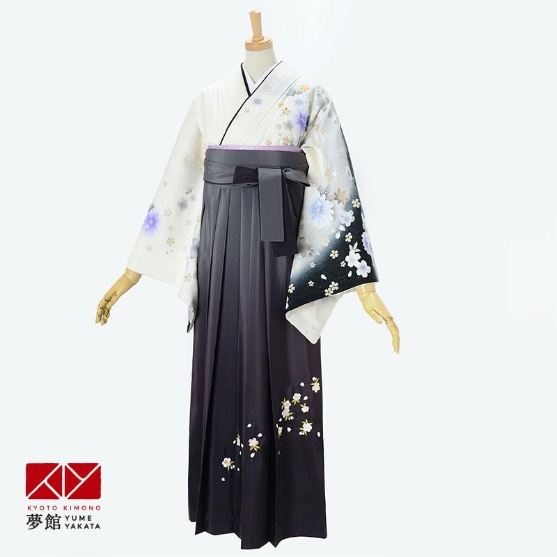 卒業式 袴レンタル 先生 教員 訪問着袴 フルセット 上品 白×黒ボカシ　薄墨薔薇に小桜 HG1037