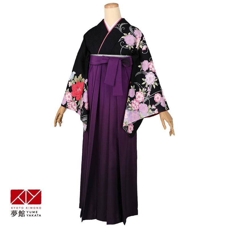卒業式 袴レンタル 先生 教員 訪問着袴 フルセット 上品 黒藤色ぼかし牡丹に桜 HG1075